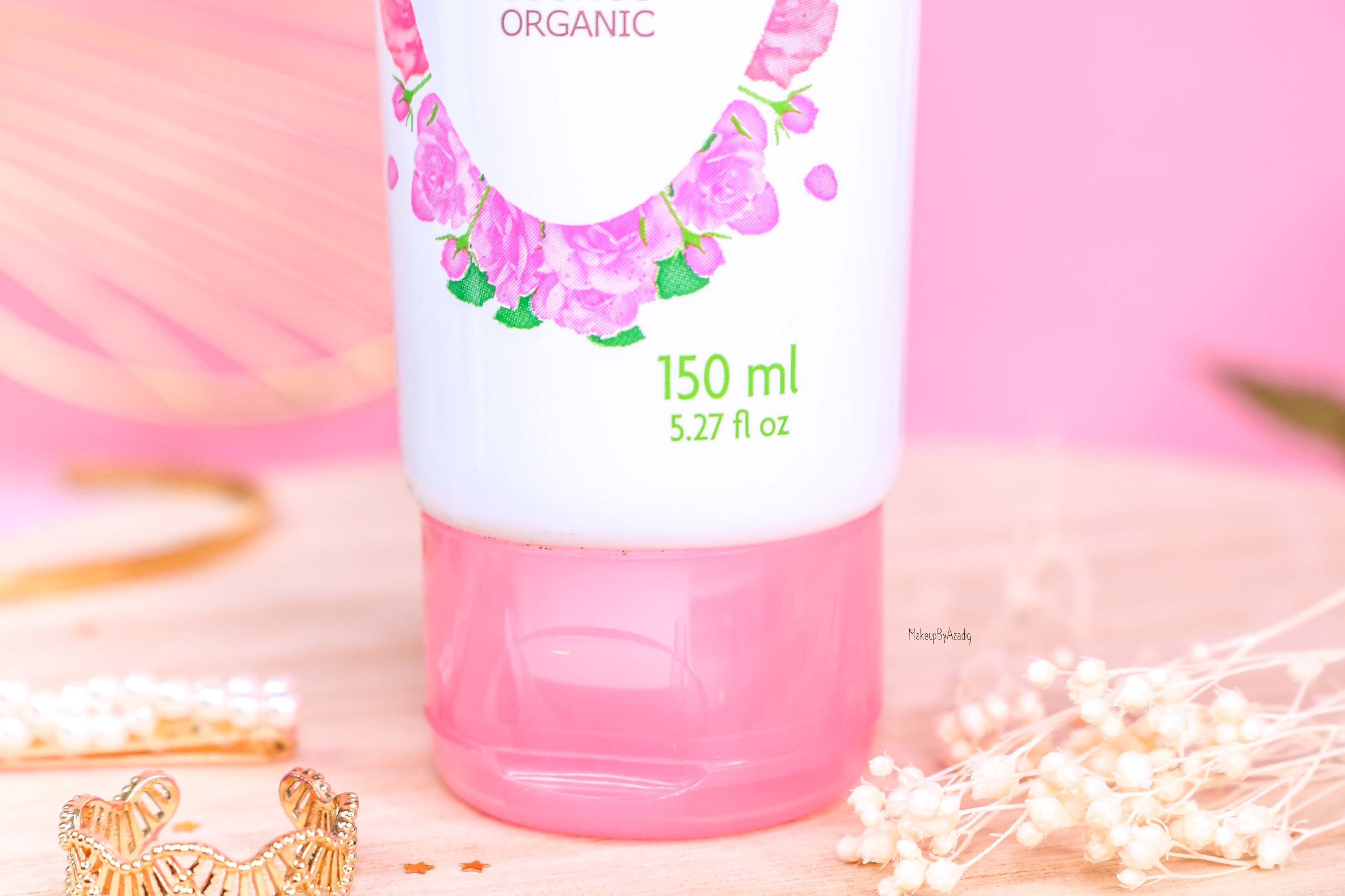 revue-produit-corps-visage-rose-fleurance-nature-hydratant-bio-cosmos-organic-avis-prix-makeupbyazadig-eau-micellaire-quantite